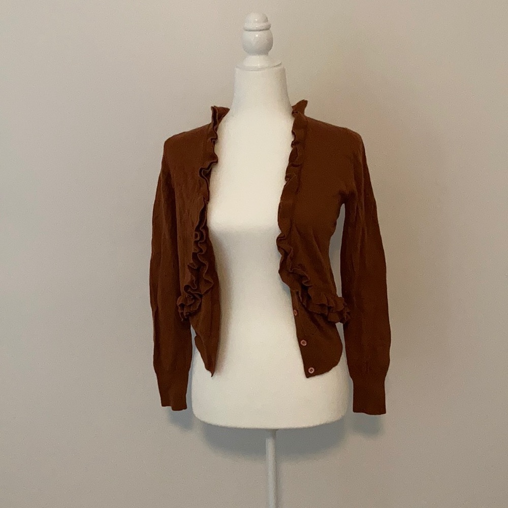 J.Crew "Traversa" Ruffle Cardigan in burnt orange